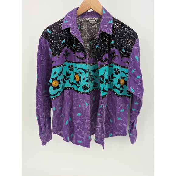 90s Vintage Western 100% Cotton Button Up Shirt Women's Medium Aztec Cowboy - Picture 1 of 6